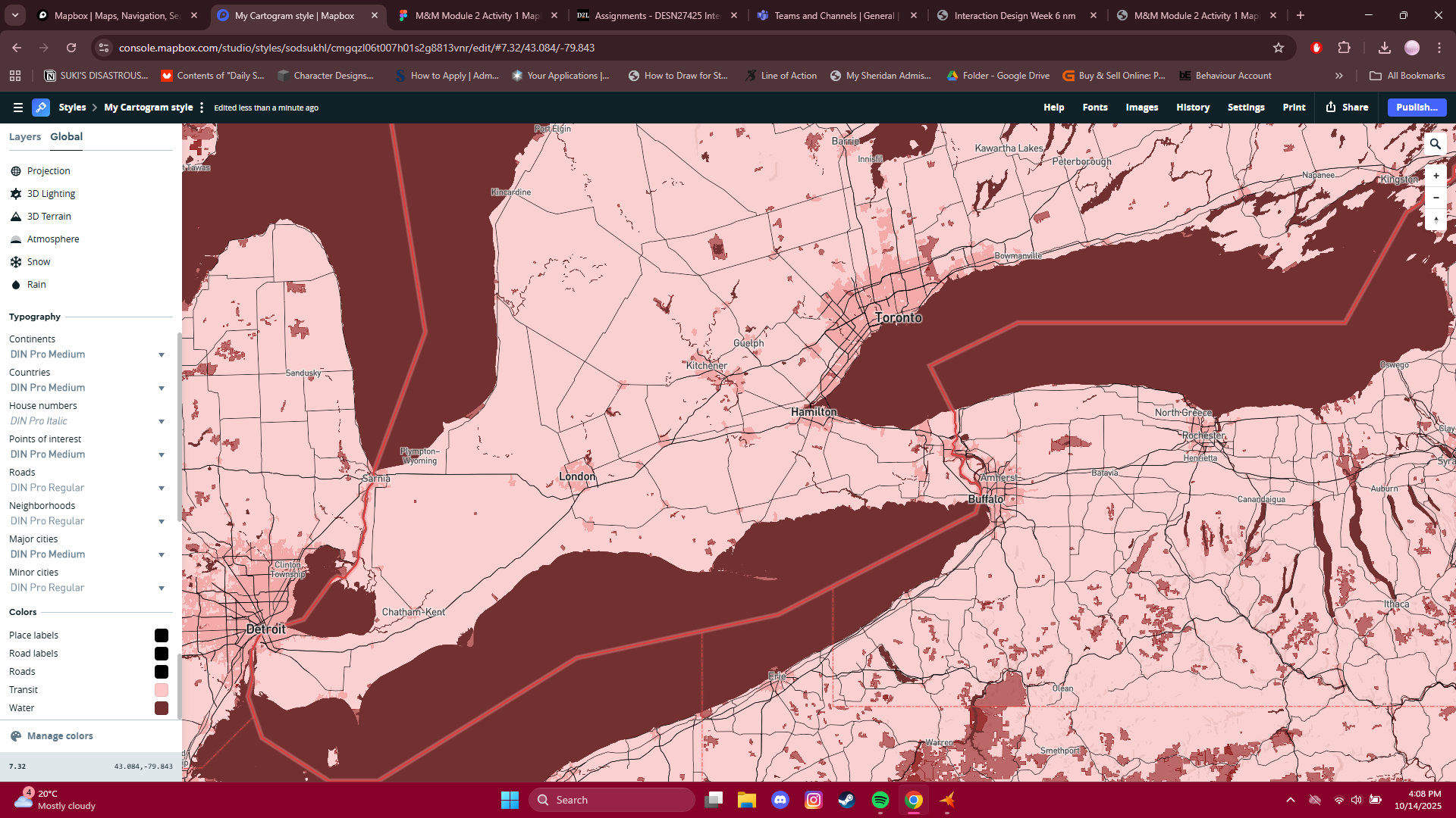Started with just playing around with the base colours first, changing the roads, the land, and the water colours to create synergy/contrast with one another